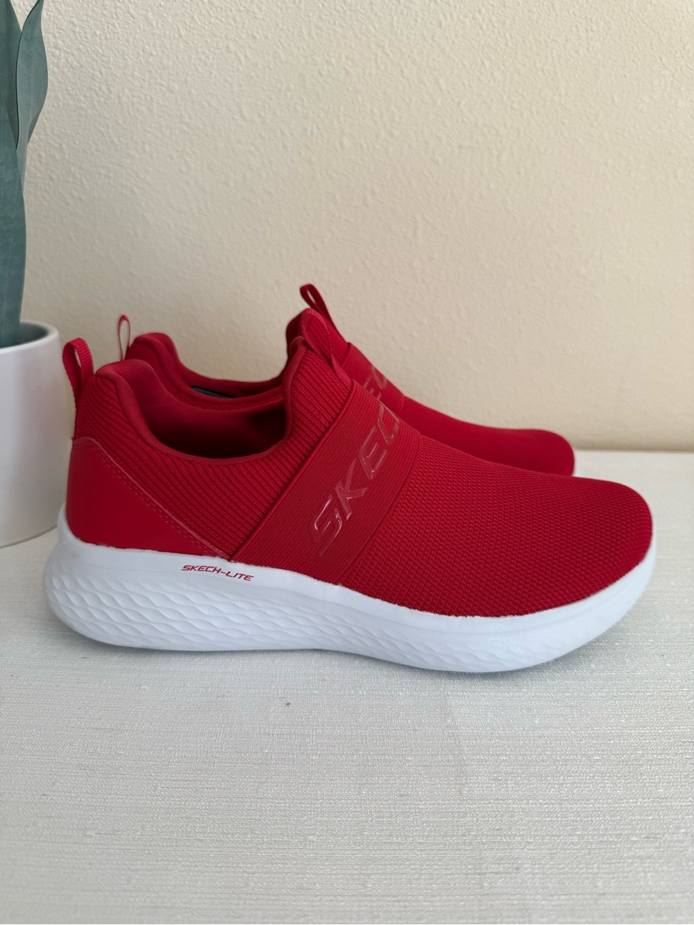 New Skechers Bright Red Knit Slip-On Sneakers with White Sole